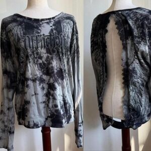 Affliction Vintage Y2K Acid Wash Rhinestone Wing Lace Open Back Top Grey Large